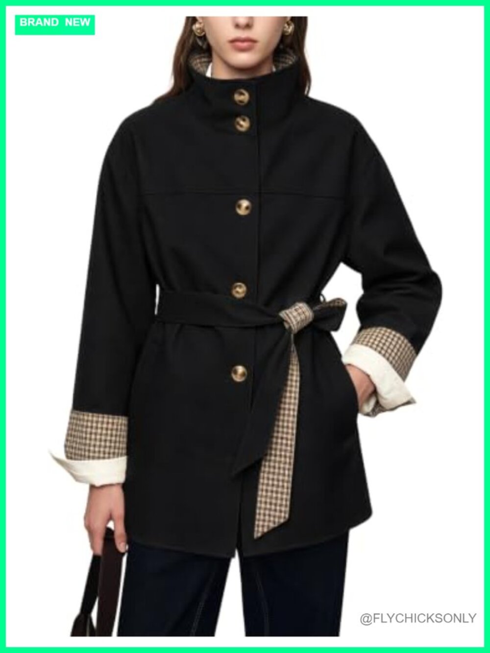 Women's Belted Trench Coat Plaid Trim Button Front Lightweight Fall Jacket